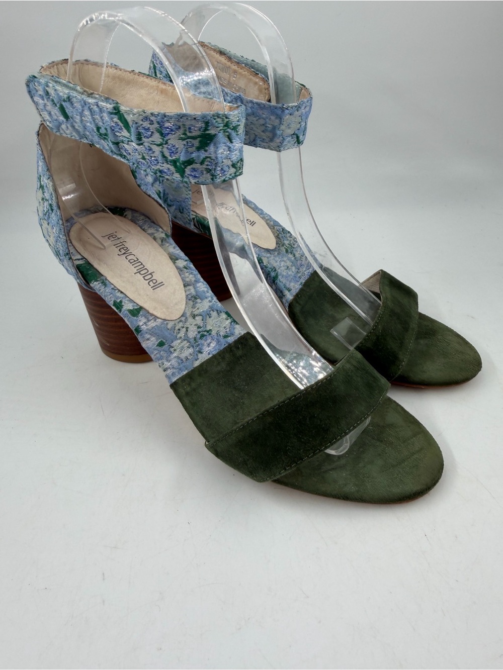 Jeffrey Campbell Purdy Blue Fabric Floral -SZ 8- Green Suede Block Heels Sandals - Picture 14 of 14